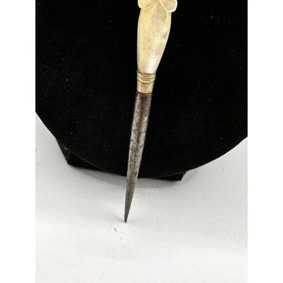 Antique Old 1800s Carved MOP Handled Vanity Tool Piece Hat Pin Stiletto
